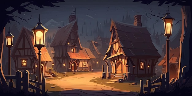 2D Medieval Village background environment for a battle arena mobile game Generative ai