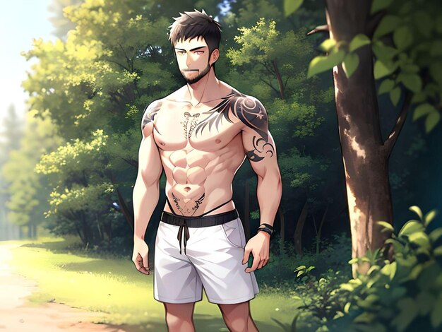 2D Muscular Guy with Tattoos and Shorts Looking at Camera in The Forest Anime Style Illustration