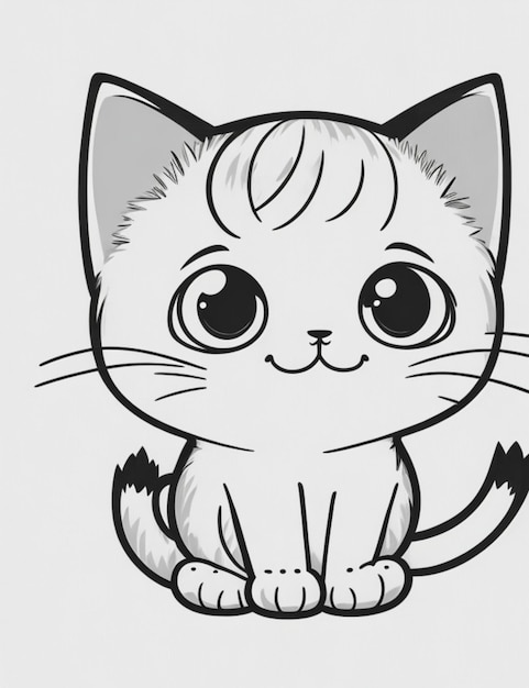 2d in outlines black and white vector Cute little cat with unsettling vector graphic