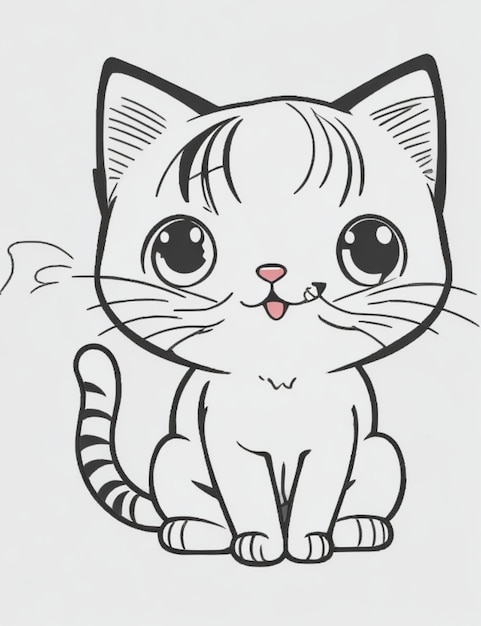 2d in outlines black and white vector Cute little cat with unsettling vector graphic