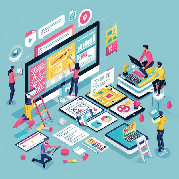 2D people working on a project and programming concepts layout flat ...