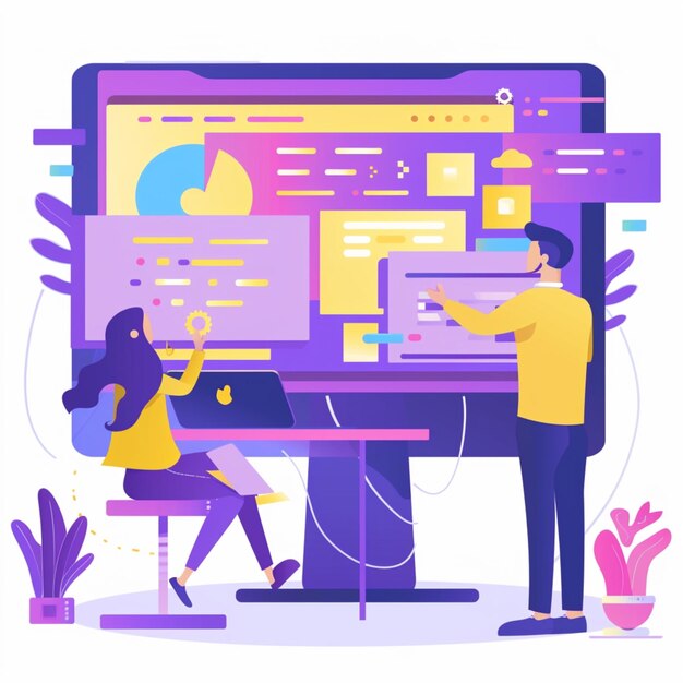 2D people working on a project and programming concepts layout flat ...