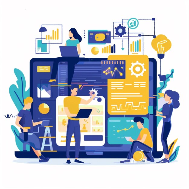 Premium Photo | 2D people working on a project and programming concepts ...