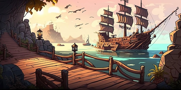 2D Pirate Ship deck background environment for a battle arena mobile game Generative ai