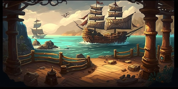 2D Pirate Ship deck background environment for a battle arena mobile game Generative ai