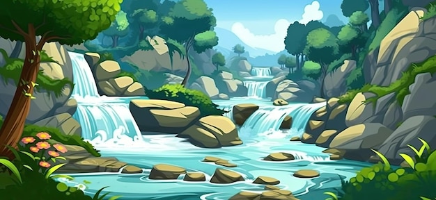 2d rushing waterfall cartoon illustration generative ai