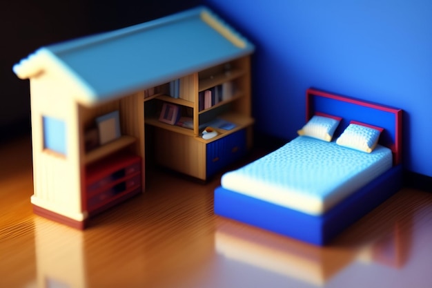2D sideon voxel doll house room of a blue large blue Background
