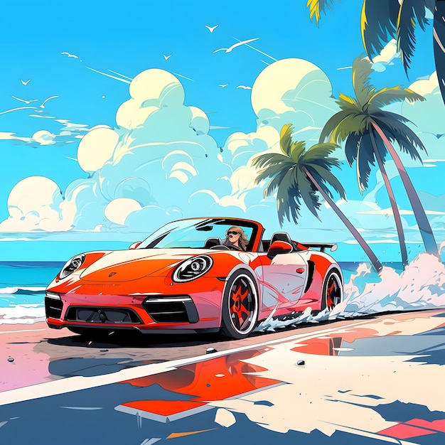 2d sketch of a car convertible driving fast on a florida beach side at summer