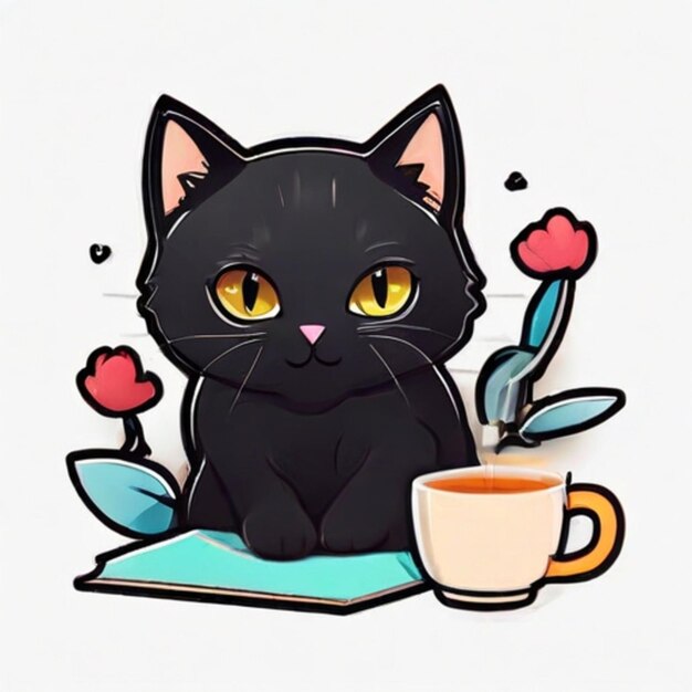 Photo 2d sticker cute black cat with flowers book and cup of tea