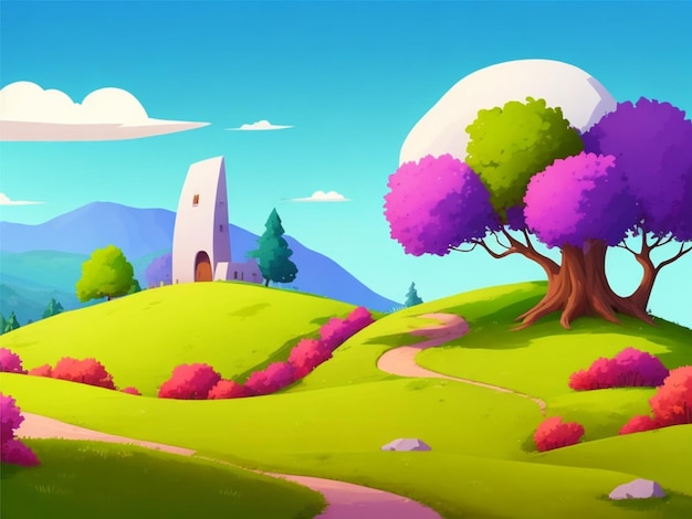 2d style cartoon hil only hill on the white background colorful landscape scenery sunset view