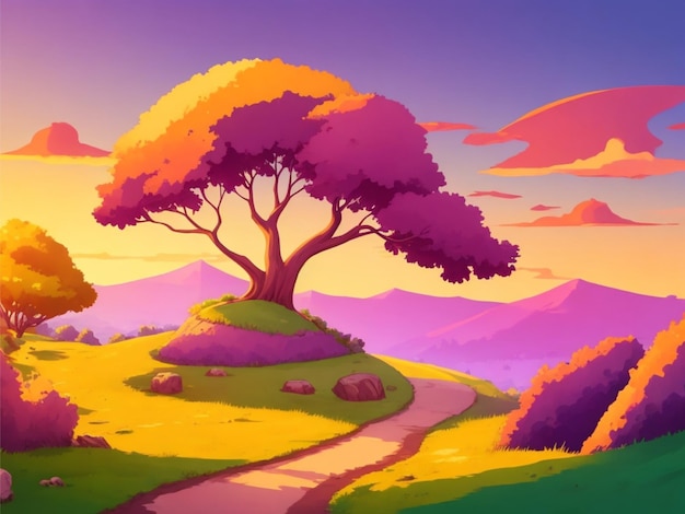 2d style cartoon hil only hill on the white background colorful landscape scenery sunset view