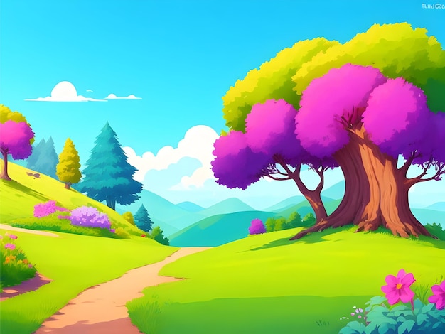 2D style cartoon hill only hill on the white background colorful landscape scenery sunset view