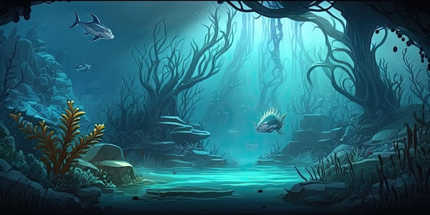 2D Underwater sea background environment for a battle arena mobile game Generative ai