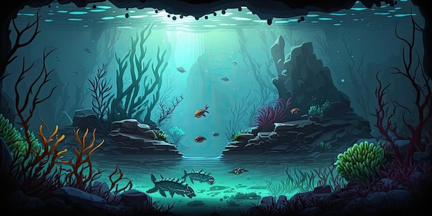 2d underwater sea background environment for a battle arena mobile game generative ai