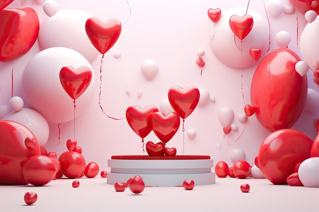 2d 발렌타인 데이 장면은 심장 풍선 선물과 미니멀리즘 스타일의 빨간 풍선으로