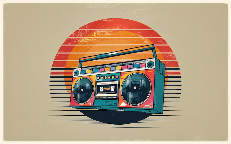 Photo 2d vector illustration art retro music guitar with trees with colorful background summer t shirt