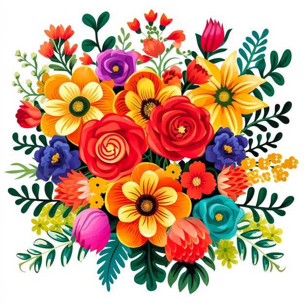 Photo 2d vector illustration colorful flowers and leaves set