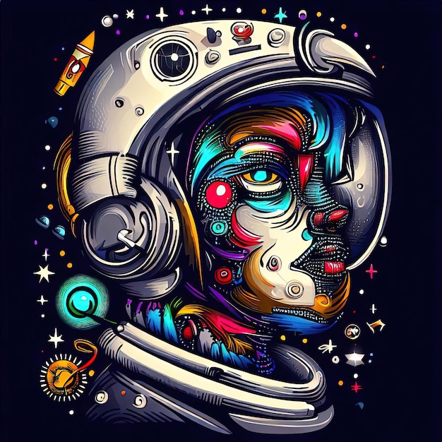 2D векторное винтажное лицо астронавта с музыкальными наушниками киберпанк художественное произведение