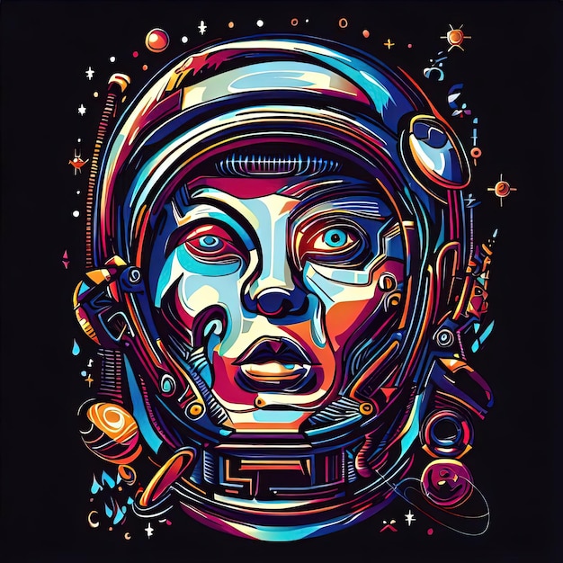 2d vector vintage astronaut face with music headphone cyberpunk artwork