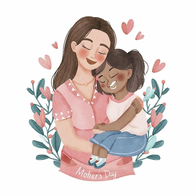 2d watercolor and hand drawn illustrated cute mother and child Suitable for Mother's Day