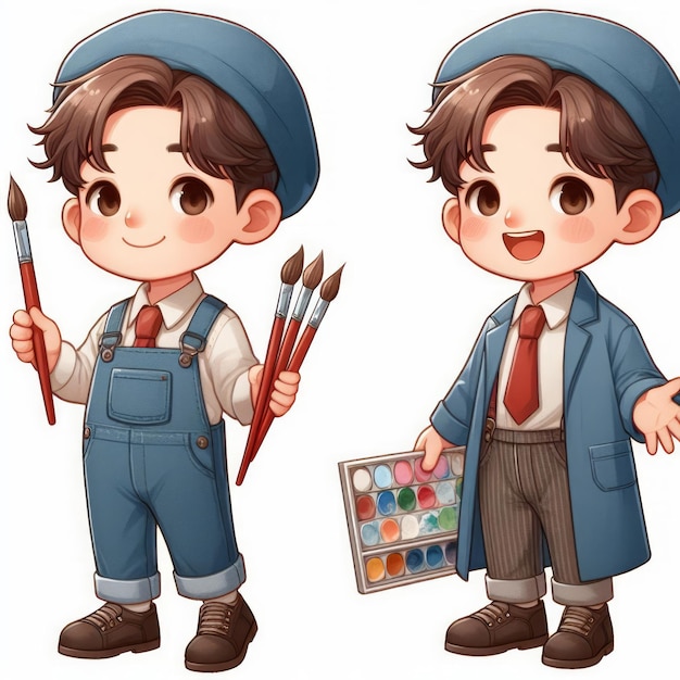 2d watercolor illustration of a child wearing an artists uniform