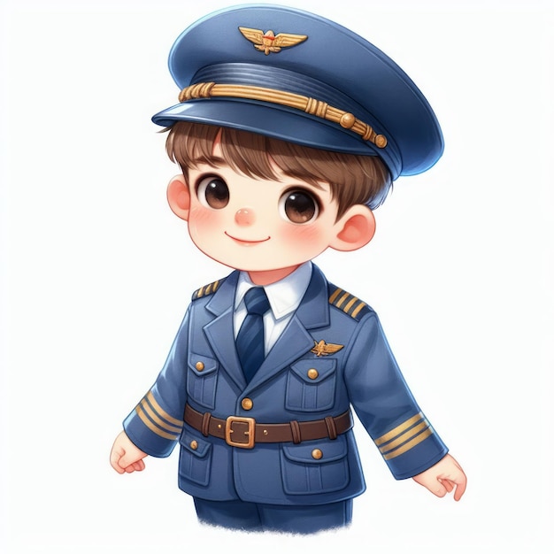 2d watercolor illustration of a child wearing a pilot uniform
