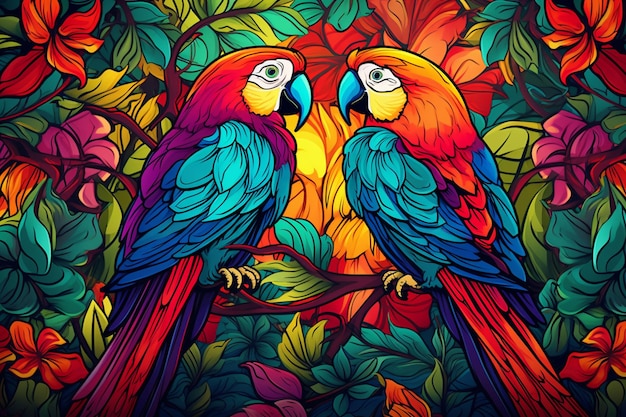 2D Wonder Tropical Leaves and Birds Background