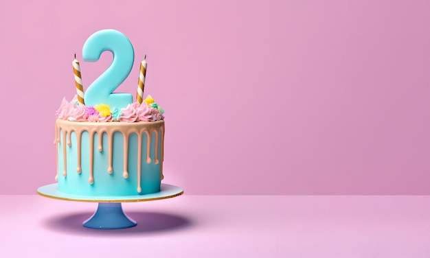 2nd years birthday cake on isolated colorful pastel background