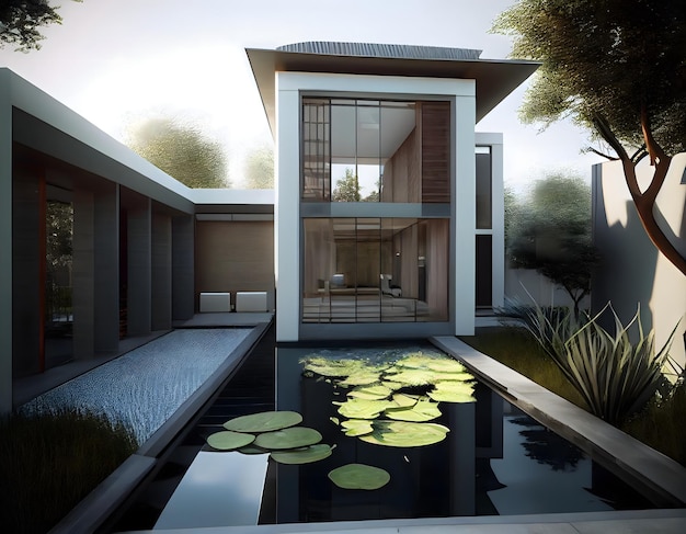 2storey villa with a fish pond in front Exterior image of a stylish modern house with large windows with a garden and a fish pond Ai generative