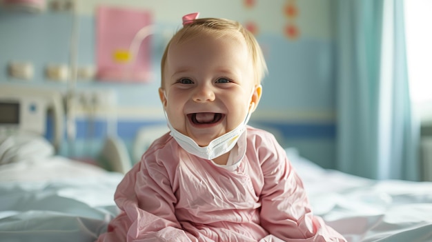 Photo 2yearold baby in pink patient uniform wearing a mask laughing sitting on a bed at the hospital