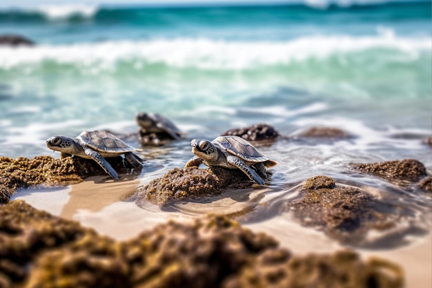 3 baby turtles on the sand AI Generative