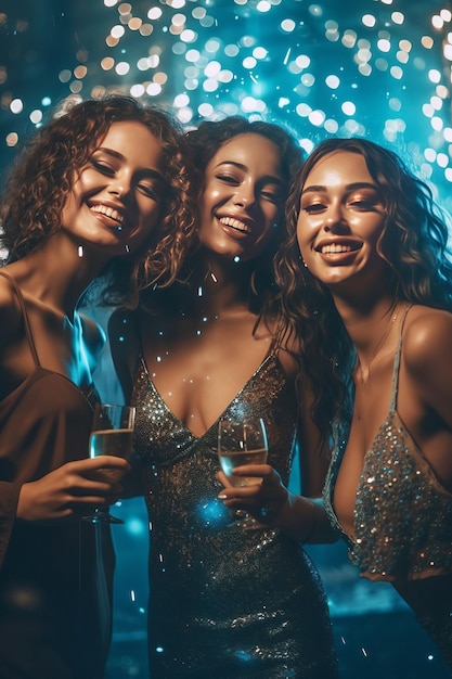 3 beautiful ladies laughing and dance in a discotheque with an beautiful face