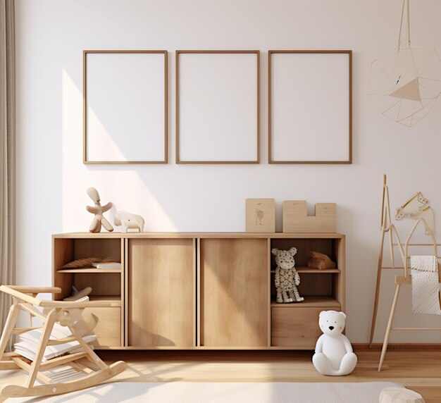 Photo 3 blank wooden frames on the wall above a wooden cabinet in a childs room