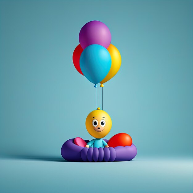 3 d cartoon baby in blauwe ballon3 d illustratie schattige gele ballon met een gelukkige glimlach zit op