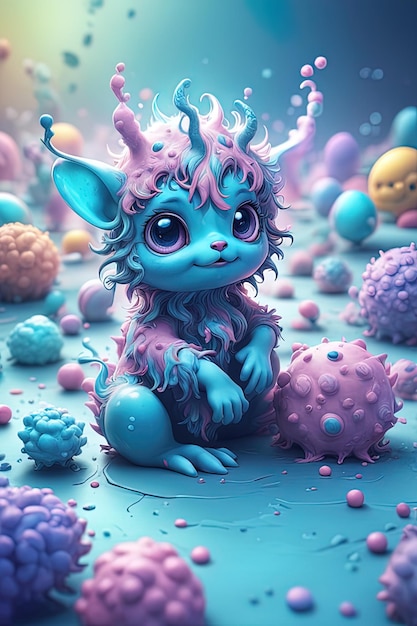 3 d cartoon cute monster with colorful clouda cartoon illustration of a cute little baby with a pink