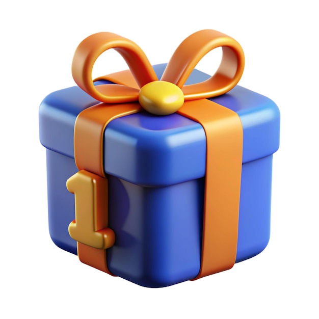Фото Подарок объемная синяя коробка с оранжевым луком и номером 1