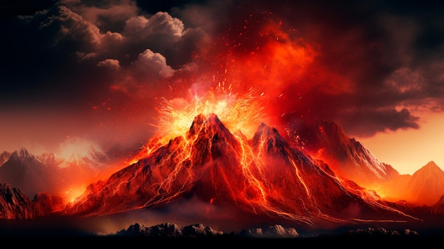 3 d illustratie uitbarsting van vulkaanuitbarsting met vuur