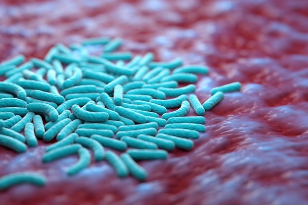 3 d illustratie van bacteriën in microflora. Blauwe bacterie op een rood oppervlak. 3D render.