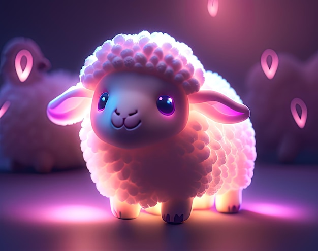 3 d illustratie van een schattig roze schaap in neonlicht