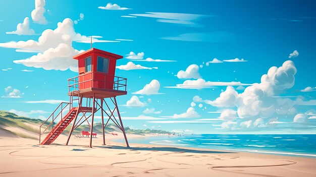 Иллюстрация пляжа с красной спасательной башней и голубым небом на заднем плане
