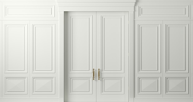 Foto 3 d illustrazione. porte bianche classiche chiuse con intagli. interior design. sfondo