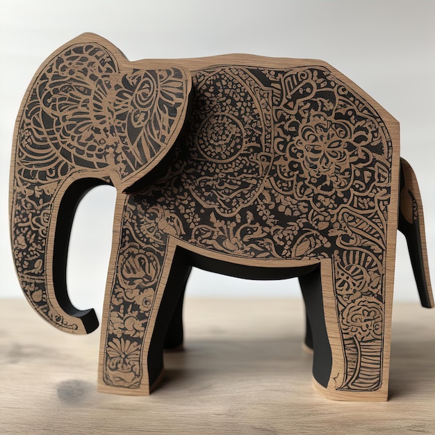 3 d иллюстрация слона на деревянном фонеДеревянный слон ручной работы с резными узорами на белом фоне