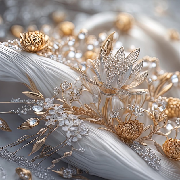 金と銀の花の 3 d イラストレーション真珠が付いた金の花飾りの 3 d イラストレーション3 d