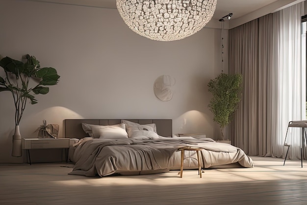 3 d illustration interior design of a modern bedroom with large window3 d illustration interior desi