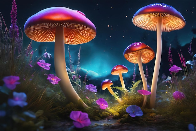 3 d illustration magic mushrooms and magic plants