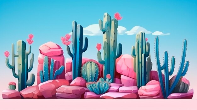 A 3 d illustration of pink and blue cactus