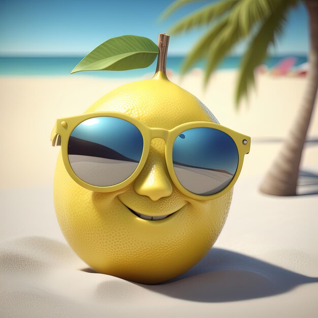 3 d render of a happy sunglasses with a smile on a tropical beach summer conceptcute lemon in sungl