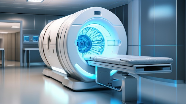 현대적인 인테리어 배경으로 의료 MRI 방을 렌더링합니다.