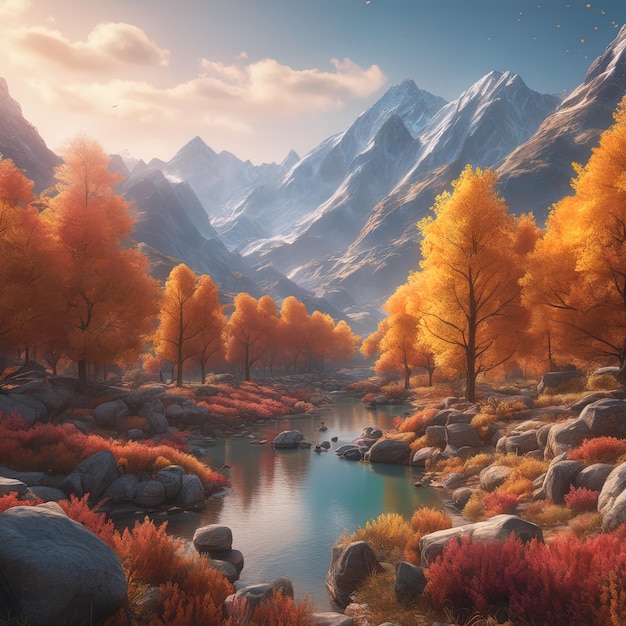 3 d rendered fantasy landscape with mountains and lake 3 d illustration3 d rendered fantasy landsca