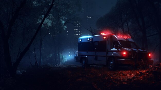Photo 3 d rendering of a ambulance on a street with a dark background